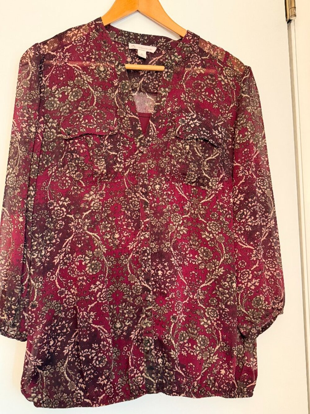 Dress Barn blouse sheer with attached burgundy cami size M